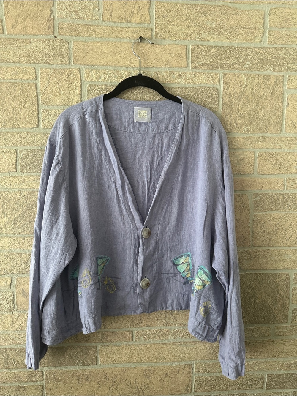 Vintage blue fish 100% linen Long Sleeve Tee Top 1999 Hand Painted size 2
